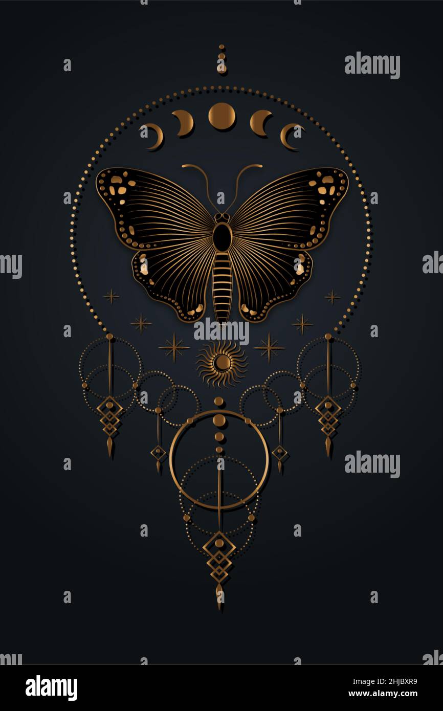 Mond Phasen ein Schmetterling Logo Vorlage, Heilige Geometrie, Boho-Stil, Gold Wicca Symbol, Traumfänger Symbol, goldene Magie Hipster Tattoo, Mystic Symbol Stock Vektor