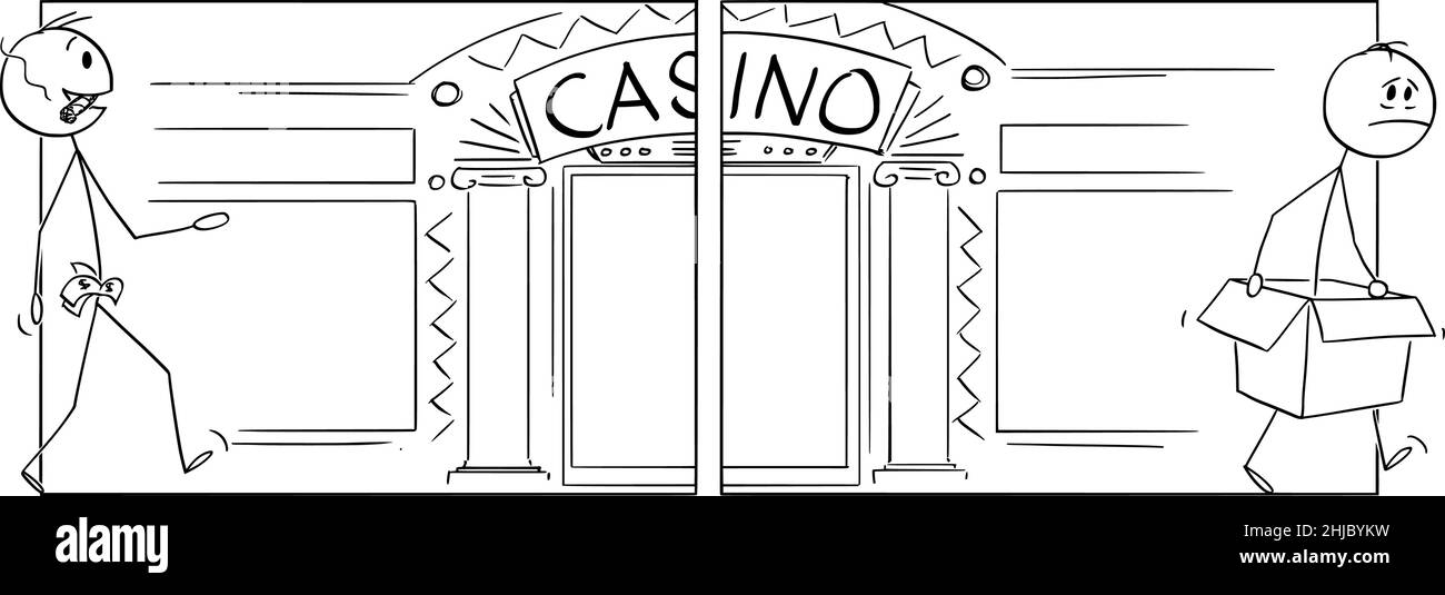Selbstbewusste Person geht zu spielen, um Casino und verlassen nach dem Verlust alles Geld, Vektor Cartoon Stick Abbildung Stock Vektor