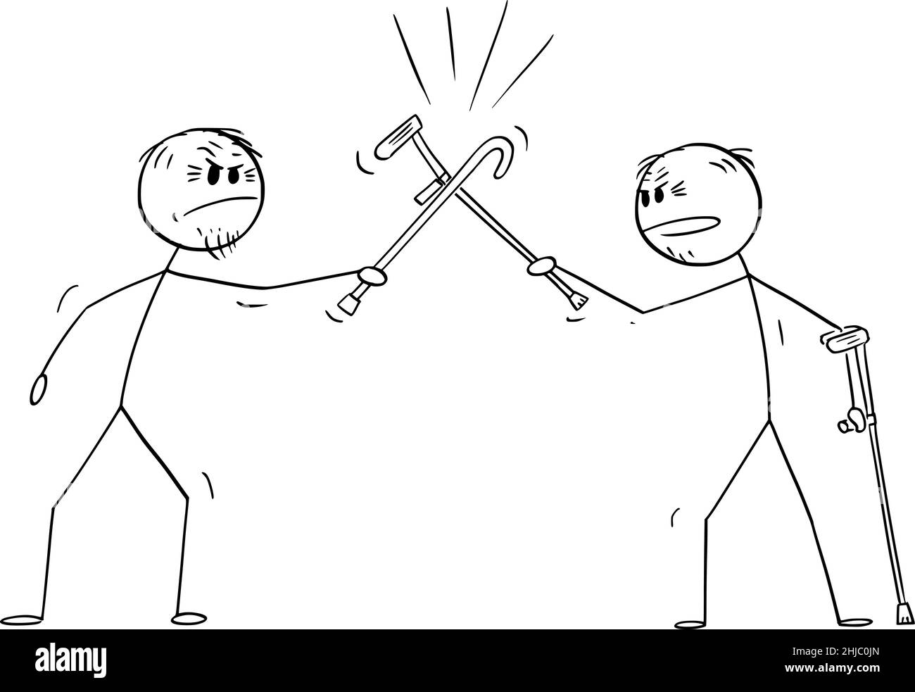 Zwei Senioren oder alte Personen kämpfen mit Stock und Krücke, Vektor Cartoon Stick Abbildung Stock Vektor