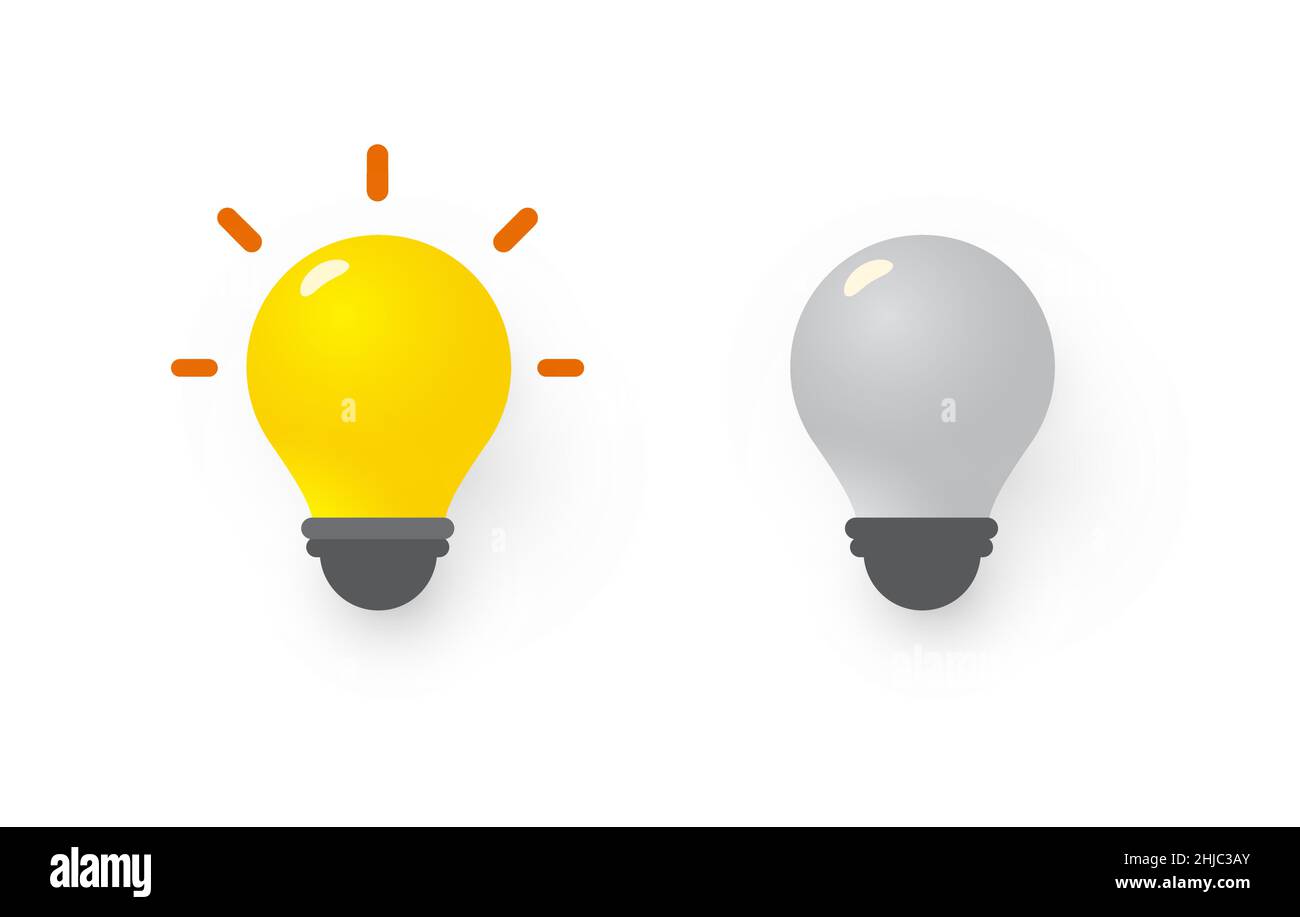 Gelbe Glühlampe an, neues Ideensymbol. Graue Glühlampe aus, Symbol für fehlende Ideen. Flache Vektorgrafik 3D Stock Vektor