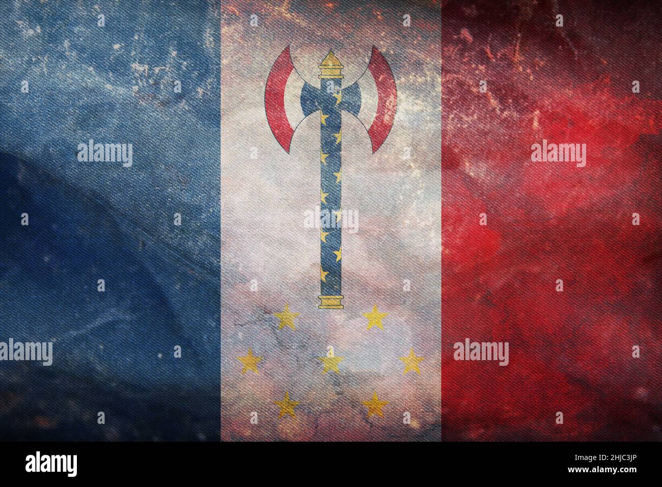 Draufsicht auf Retrolag Philippe Petain, Staatschef von Vichy Frankreich, Frankreich mit grunge Textur. Französisches Reise- und Patriot-Konzept. Kein Fahnenmast. Pl Stockfoto