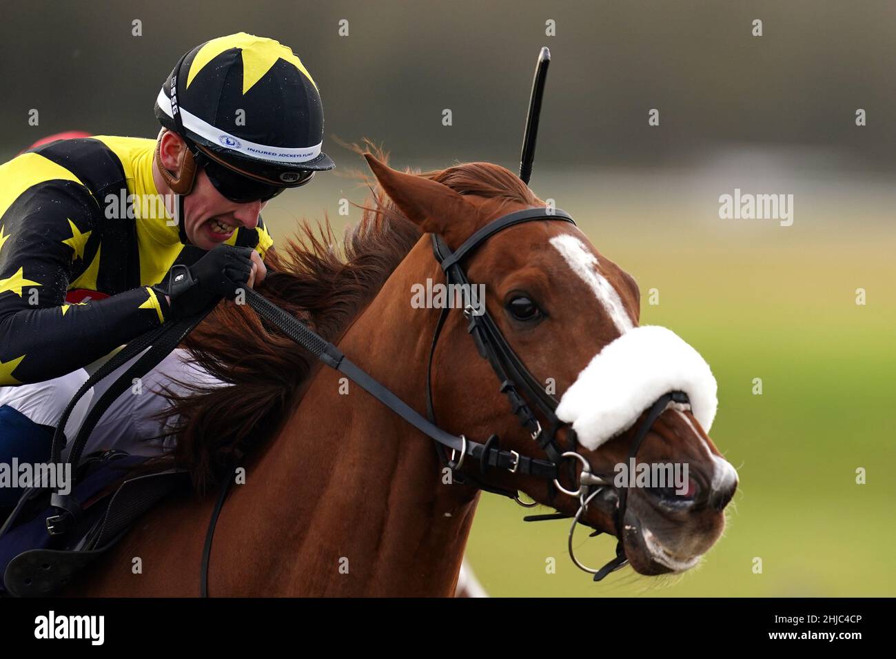 Luke Catton reitet Soyounique auf dem Weg zum Gewinn der MansionBet stolze Partner des AWC-AuszubildengehilfMansionBet stolze Partner des AWC-Auszubildengehilfgehilfs auf der Lingfield Park Racecourse, Surrey. Bilddatum: Freitag, 28. Januar 2022. Stockfoto