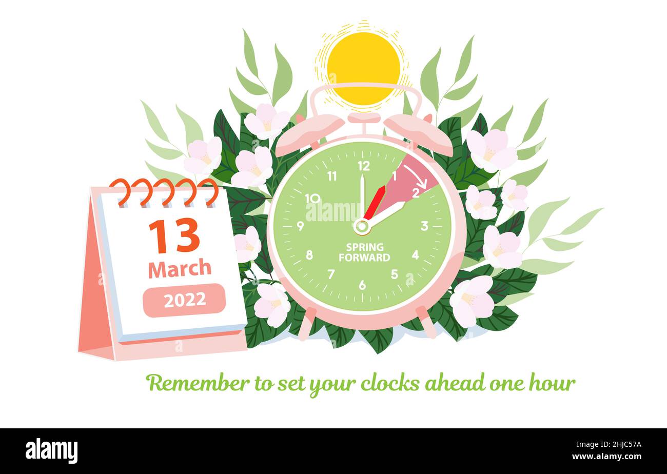 Spring Forward 13. März 2022 Banner. Wecker mit Kalenderdatum für die USA mit einer Erinnerung an die Sommerzeit am Sonntag, den 13. März mit Stock Vektor