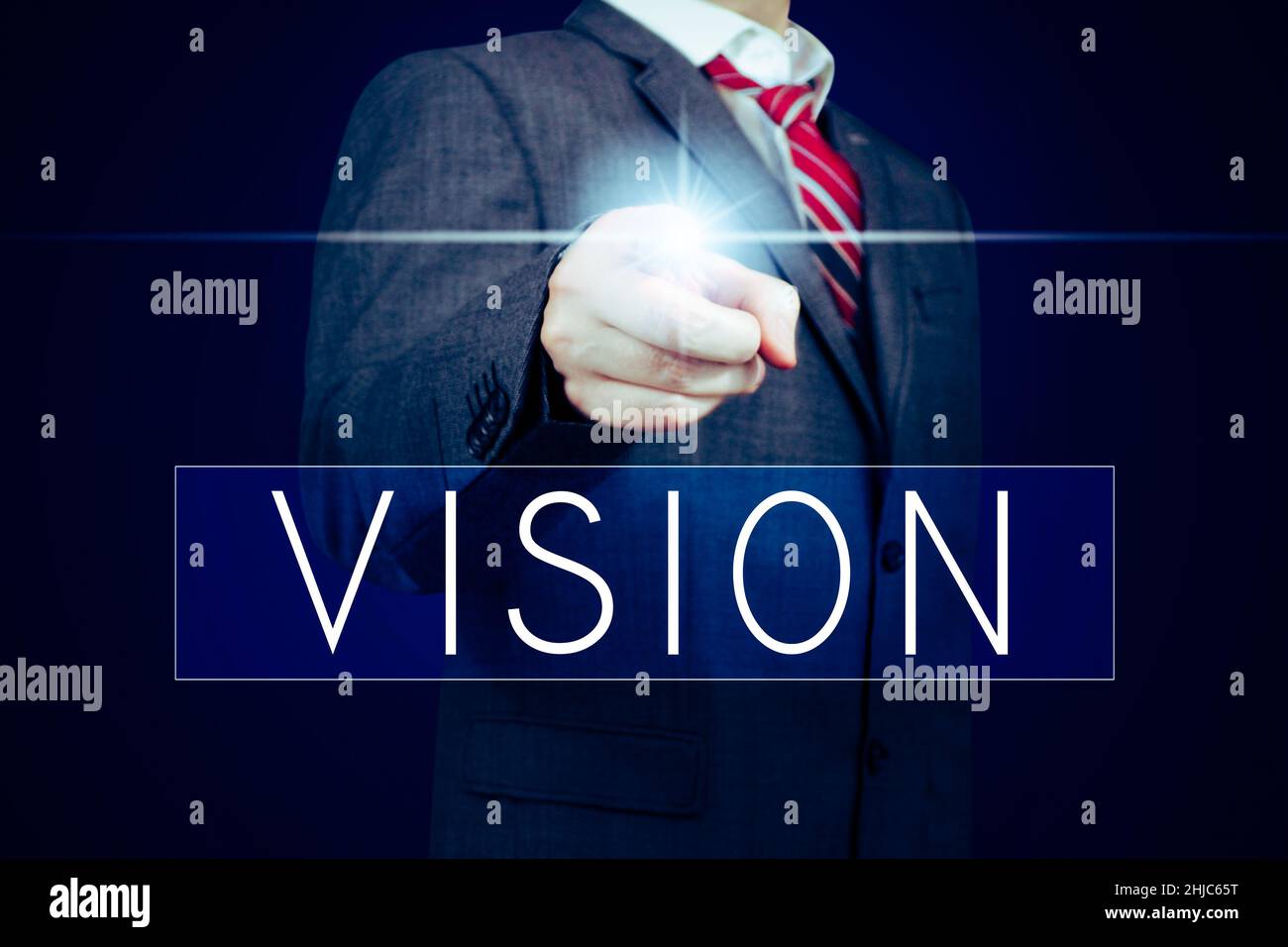 Vision - Schriftzug, Geschäftsmann zeigt mit dem Finger Stockfoto