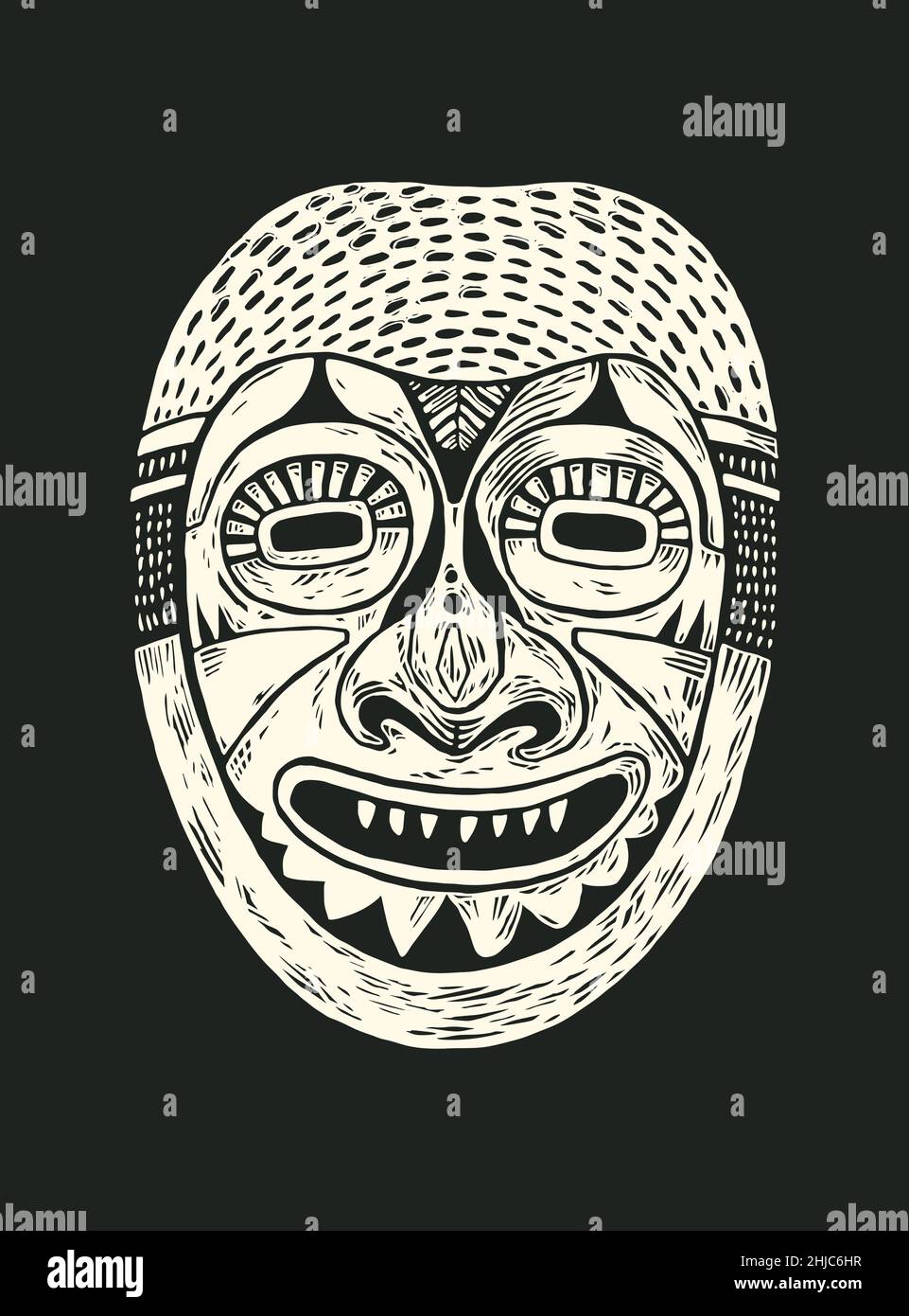 Tribal-Maskendesign. Weiße Form auf schwarzem Hintergrund, handgezeichnetes Designelement. vektorgrafik Stock Vektor