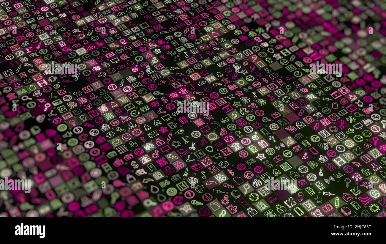 Abstrakte Animation von mehrfarbigen Neon-Social-Media-Netzwerk Emojis-Icons auf dem schwarzen Hintergrund. Animation der nahtlosen Schleife. Stockfoto