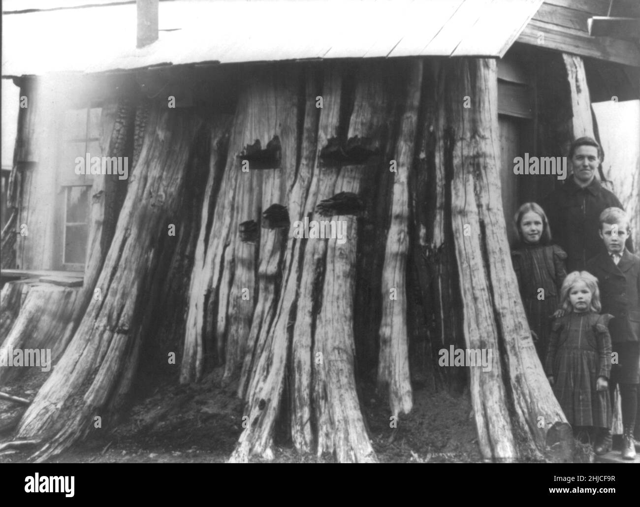 Darius Kinsey Foto der frühen Siedler in Edgecomb, Washington und der Zedernsteinhäuser, die sie als Residenzen bauten - ca. 1901 Stockfoto