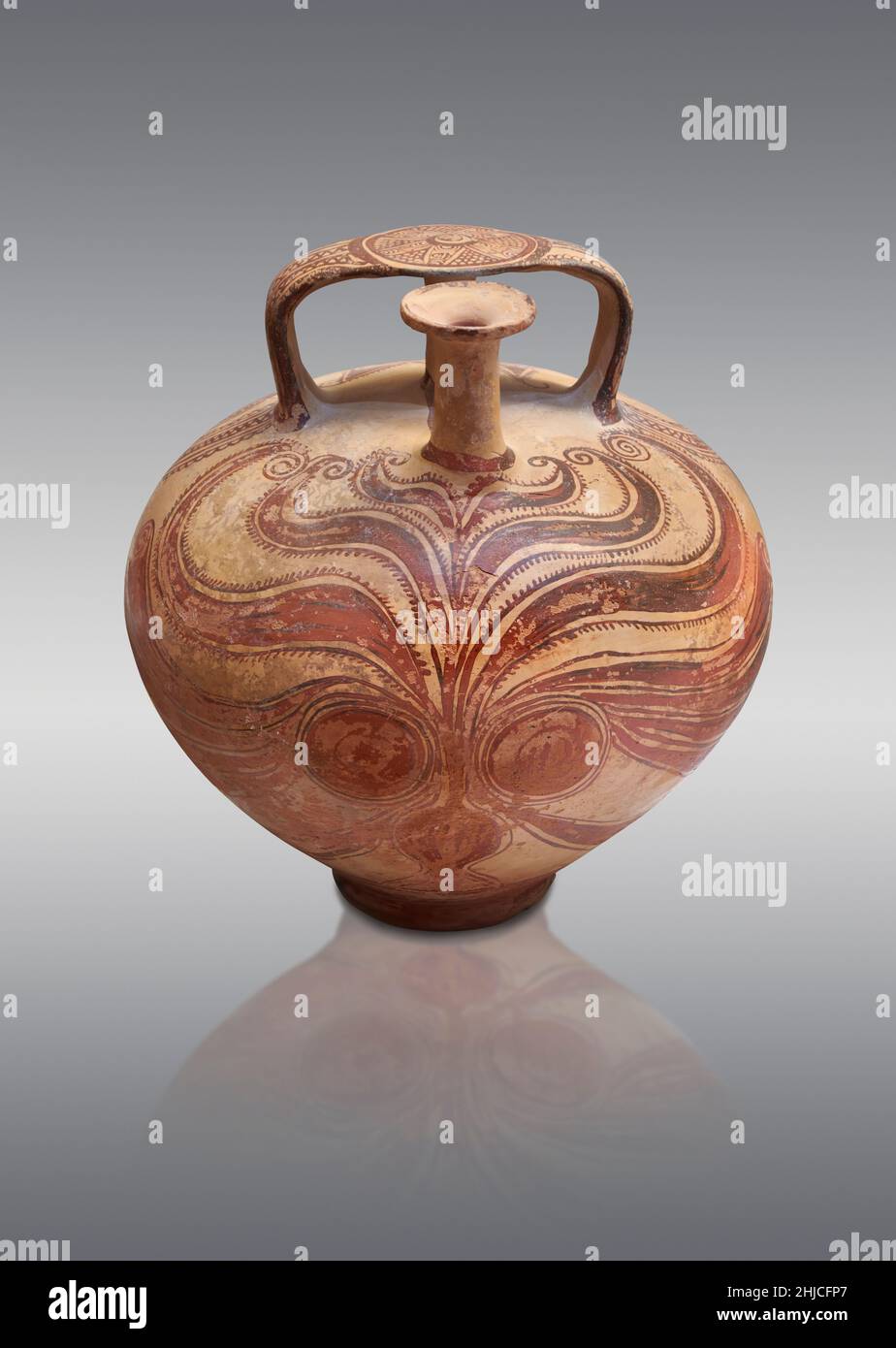 Mykenische Keramik - Terrakotta-Rührkrug mit stilisiertem Oktopus-Design aus chaber Grab 1:5 und 1:6, 1140-1100 v. Chr., mykenischer Friedhof von Asine. Nafp Stockfoto