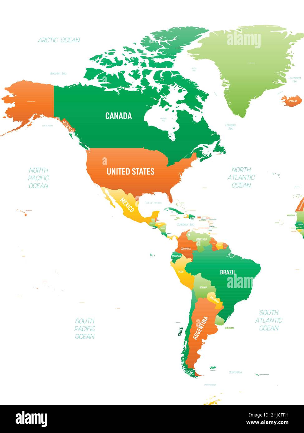 Nord- und Südamerika Detaillierte politische Karte mit Ablables Stock Vektor
