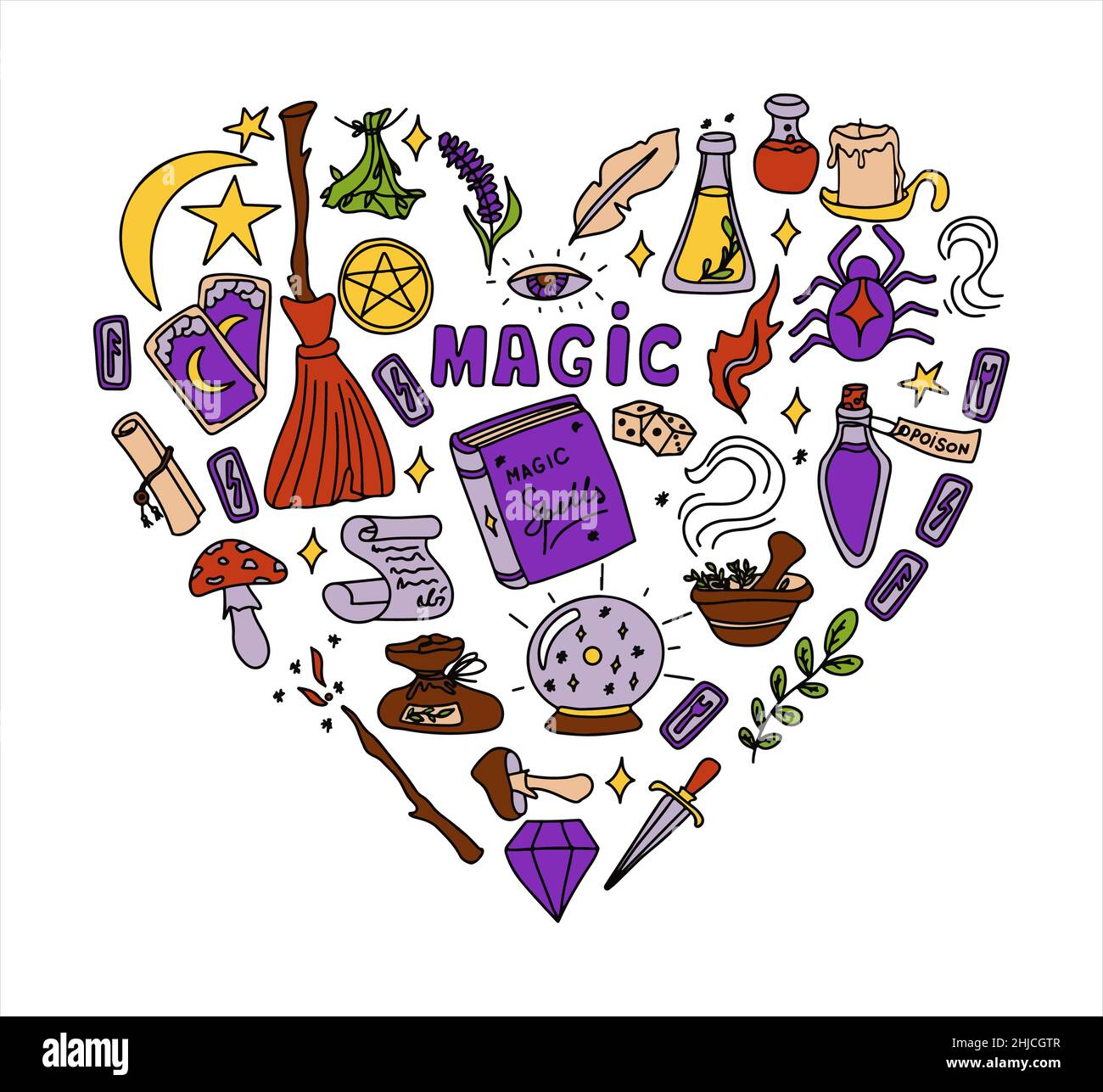 Magisches handgezeichnetes Doodle-Set. Vektorsymbole von magischen Gegenständen. Kollektion halloween Elemente. Zauberbesen, Tränke, Wahrsagekarten, Runen, Bücher Stock Vektor