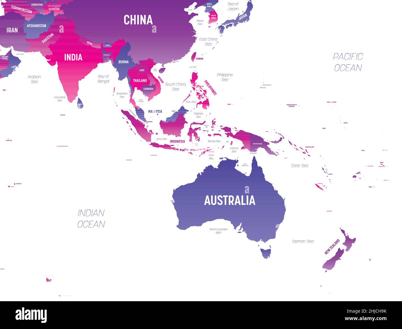 Australien und Südostasien Detaillierte politische Karte mit Ablables Stock Vektor