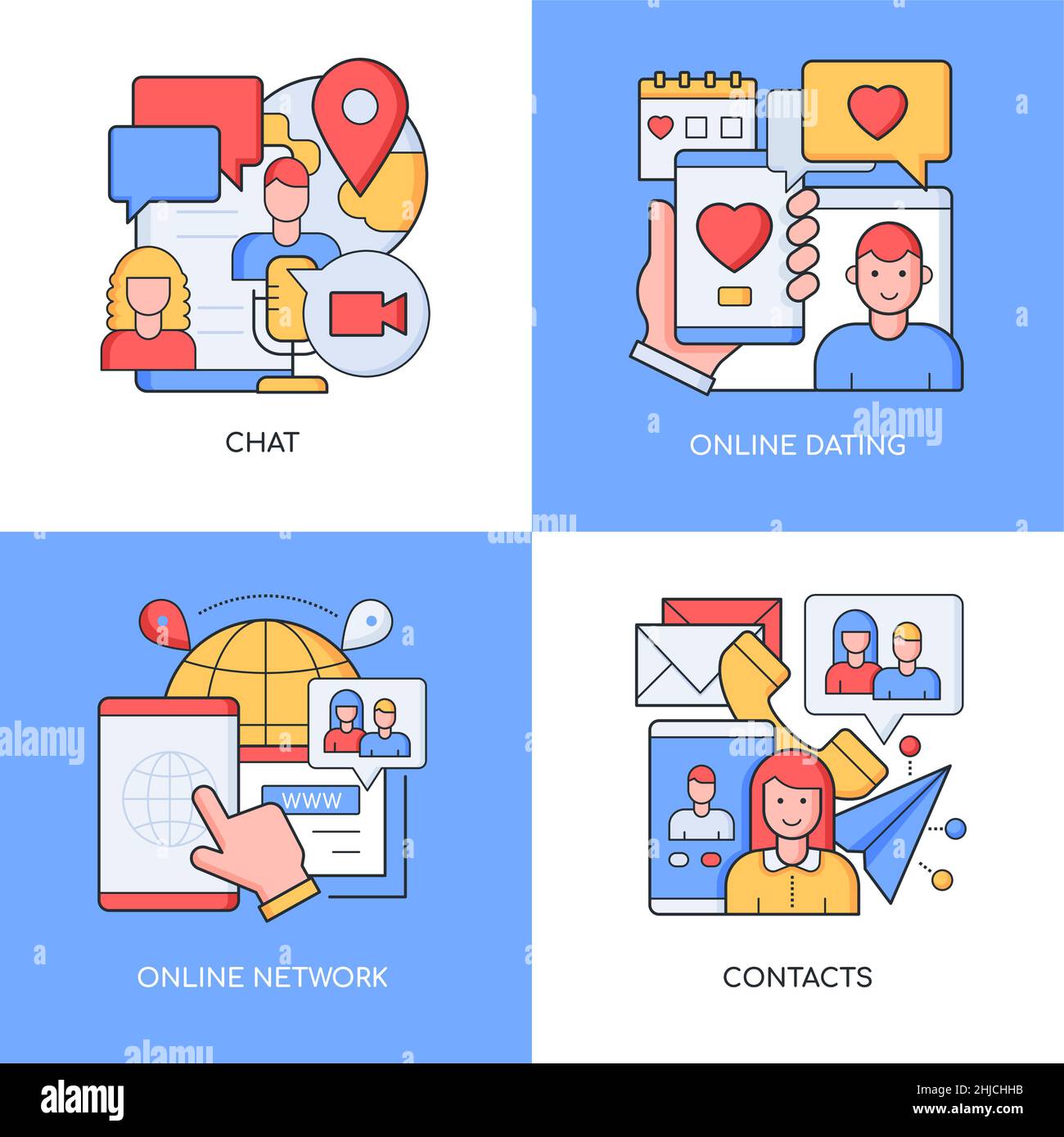 Online-Kommunikation - Reihe von Linien-Design-Stil bunte Illustrationen. Vier detaillierte Bilder zum Thema Chat und Netzwerk. Kontakte, Dating, Remote Conve Stock Vektor