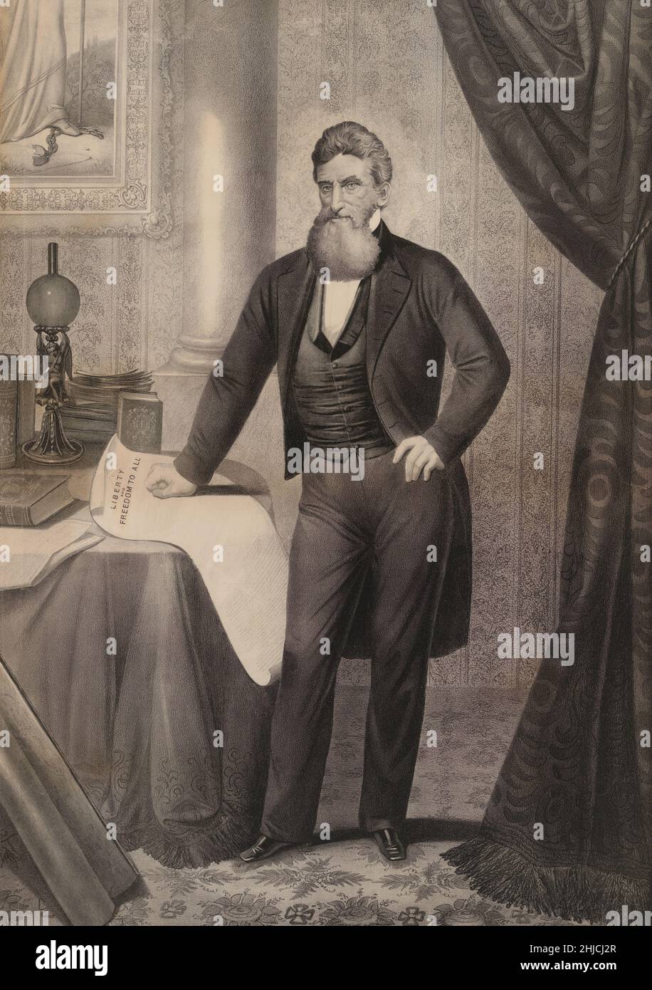 John Brown (1800 - 1859) war ein berühmter und umstrittener amerikanischer Abolitionist, der den bewaffneten Aufstand propagierte und praktizierte. Er führte das Pottawatomie-Massaker und den erfolglosen Überfall auf Harpers Ferry an. Er wurde wegen Verrats, Mord und Verschwörung angeklagt und hingerichtet. Lithographie von Anton Hohenstein, 1866. Stockfoto