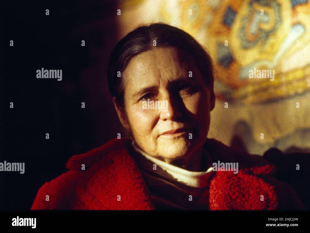 Autorin Doris Lessing auf dem Stockholmer Schloss 1982. Lessing (geboren am 22. Oktober 1919) ist ein britischer Schriftsteller, Dichter, Dramatiker, Librettist, Biograph und Kurzgeschichtenautor. Sie wurde 2007 mit dem Nobelpreis für Literatur ausgezeichnet und wurde von der Schwedischen Akademie als "jene Epizistin der weiblichen Erfahrung, die mit Skepsis, Feuer und visionärer Macht eine gespaltene Zivilisation der Prüfung unterzogen hat" charakterisiert. Lessing war die elfte Frau und die älteste Person, die jemals den Nobelpreis für Literatur erhielt. Stockfoto