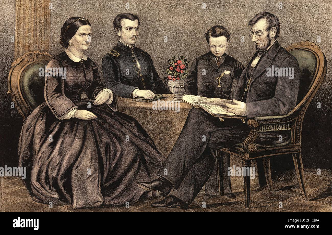 Currier & Ives Portrait of the Lincoln Family, veröffentlicht 1867. Zeigt den kürzlich ermordeten Abraham Lincoln (1809-1865) mit seiner Frau Mary Todd und den beiden Jungen Robert und TAD. Stockfoto