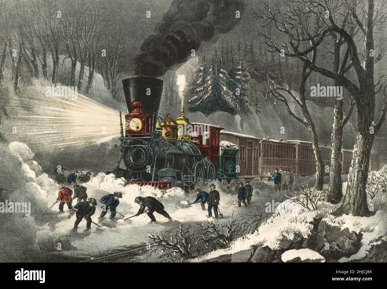 Ein Schneegurnzug auf der amerikanischen Eisenbahn. Currier & Ives, 1871. Stockfoto