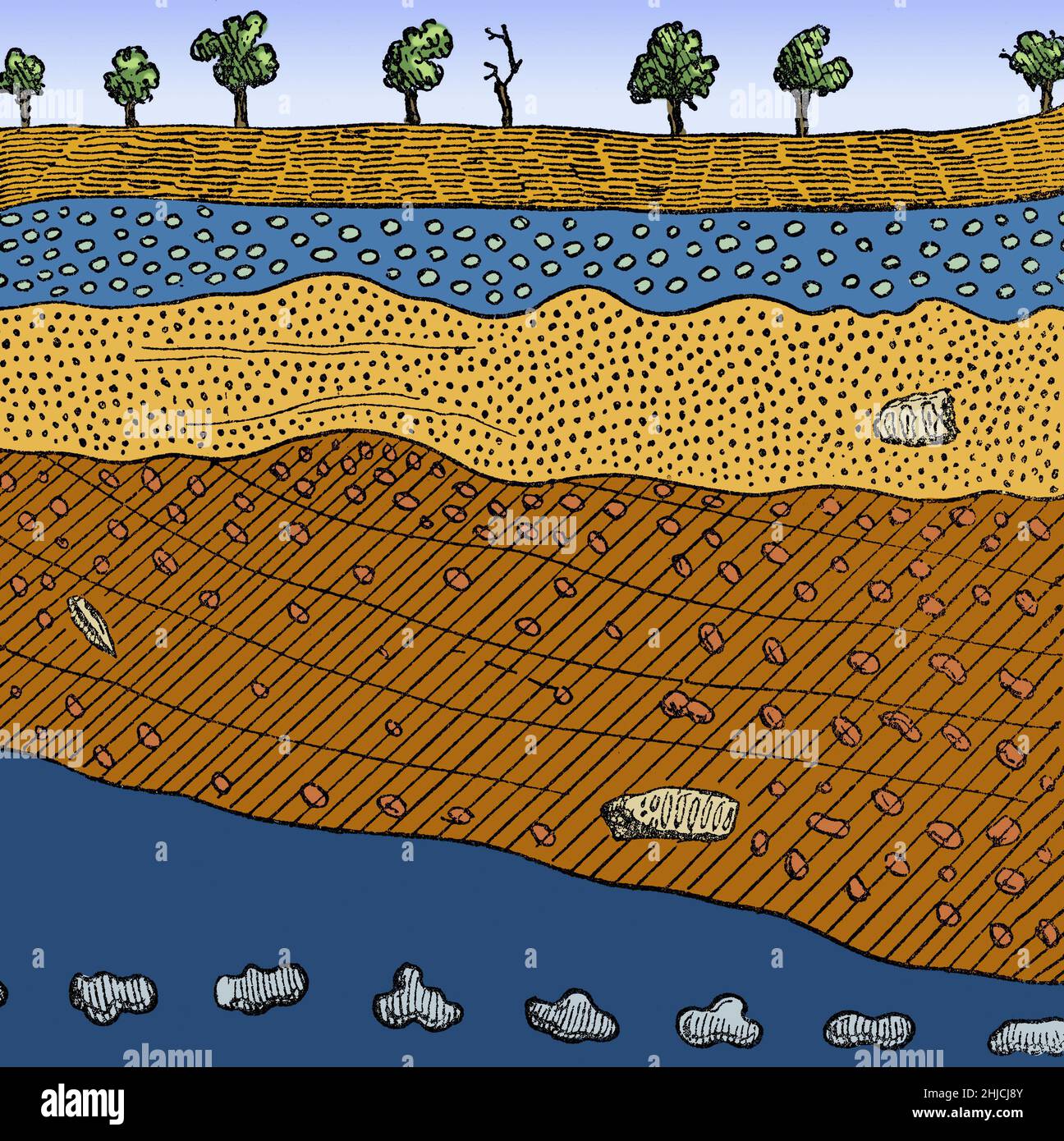 Abschnitt eines Kiesbruchs in Saint-Acheul, der die von Boucher de Perthes 1830 gefundenen Feuersteine enthielt. Saint-Acheul ist ein Vorort von Amiens, nach dem die acheulische archäologische Kultur benannt ist. Acheulean-Werkzeuge wurden während der Niederpaläolithikum-Ära in Afrika und in weiten Teilen Westasiens, Südasiens, Ostasiens und Europas hergestellt und werden in der Regel mit Homo erectus-Resten gefunden. Aufnahme aus Primitive man von Louis Figuier, 1870 (abgeschnitten und gereinigt). Eingefärbt. Stockfoto