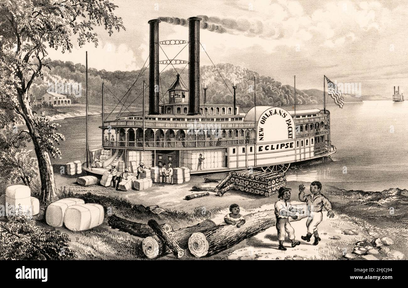 Beladen von Baumwolle auf einen Paketdampfer von New Orleans auf dem Mississippi River. Lithographie von Currier & Ives, um 1870. Stockfoto
