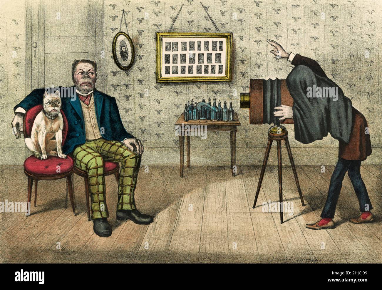 Komischer Druck, der das Atelier eines Fotografen mit einem Mann zeigt, dessen Gesicht zu dem seiner Bulldogge passt; beide schimpften die Kamera an. Currier & Ives, 1890. Stockfoto