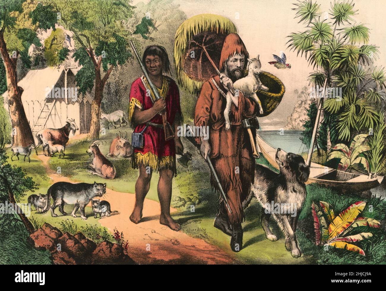 Robison Crusoe und sein Mann Freitag. Handkolorierte Lithographie, Currier & Ives, 1874. Stockfoto