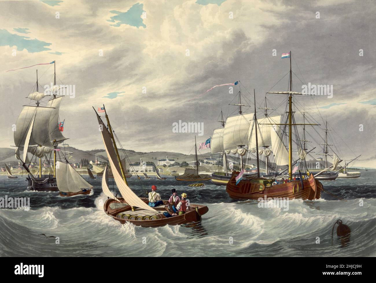 Blick vom Hafen auf das New Yorker Quarantänegebiet auf Staten Island, 1833. Aquatint von William James Bennett (1787‚àí1844), einem in Großbritannien geborenen Maler und Kupferstecher. Stockfoto