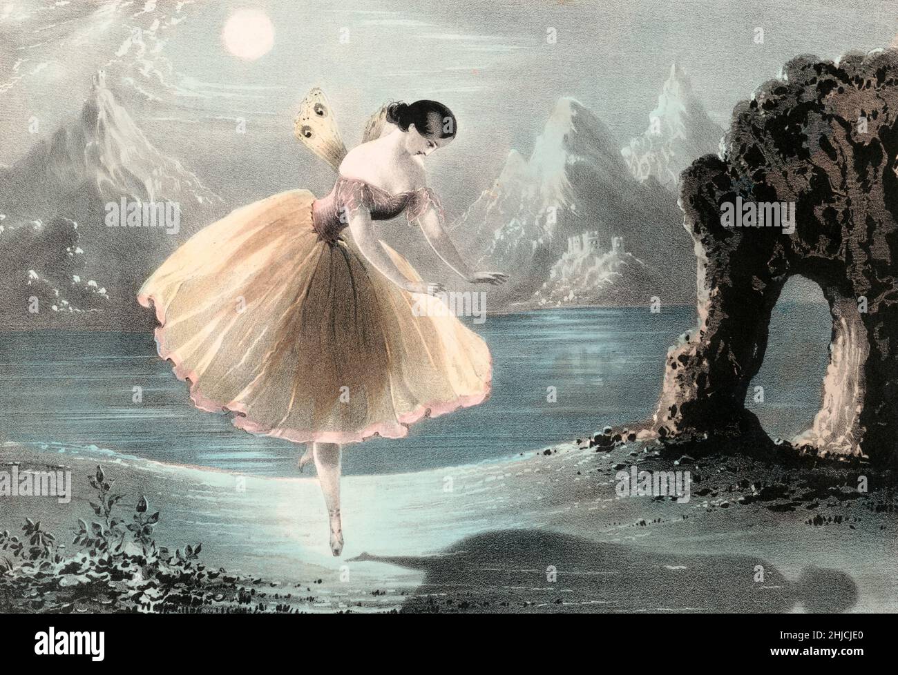 Fanny Ellsler im Schatten Tanz im Ballett Ondine. Fanny Elssler (1810-1884) war eine österreichische Ballerina der Romantik. Lithographie von Nathaniel Currier, 1846. Stockfoto