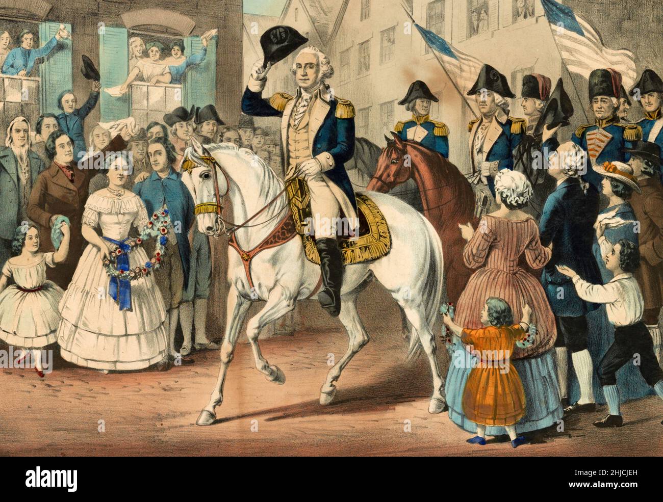 George Washingtons Eintritt in New York, nach der Evakuierung der Stadt durch die Briten nach der amerikanischen Revolution, November 25th 1783. Handkolorierte Lithographie, herausgegeben von Currier und Ives, 1857. Stockfoto