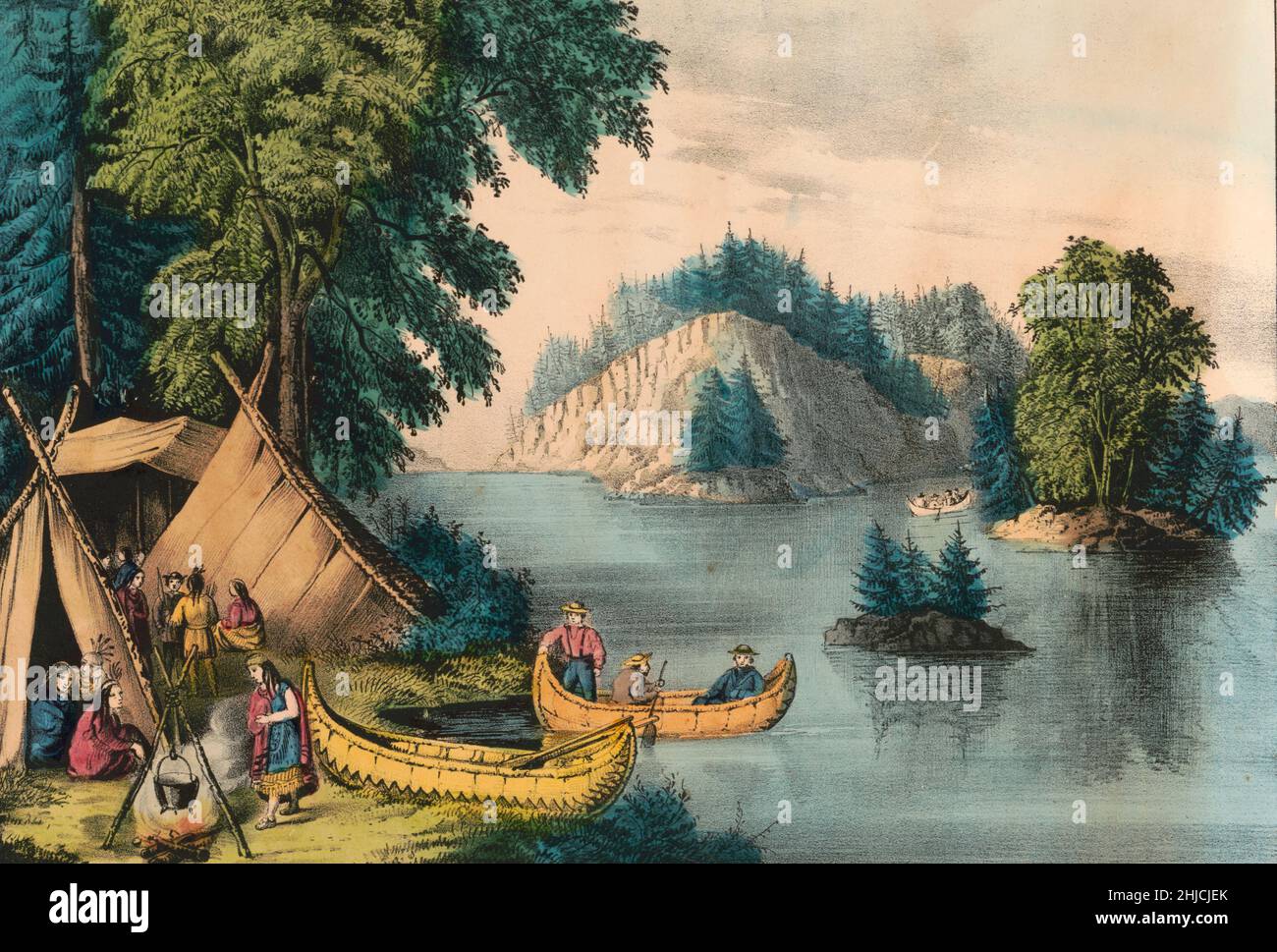 Ein indisches Lager am St. Lawrence River. Handkolorierte Lithographie, herausgegeben von Currier & Ives zwischen 1856 und 1907. Stockfoto