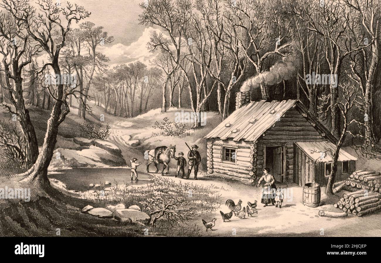 „A Home in the Wilderness“, zeigt eine amerikanische Pionierhütte an der westlichen Grenze. Lithographie veröffentlicht von Currier & Ives, 1870. Stockfoto