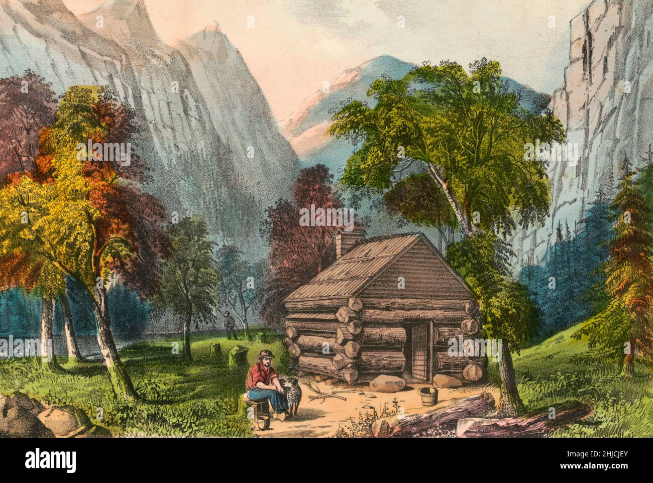 Pioneer Hütte, Yosemite Valley. Handkolorierte Lithographie, Currier & Ives, veröffentlicht um 1856-1907. Stockfoto