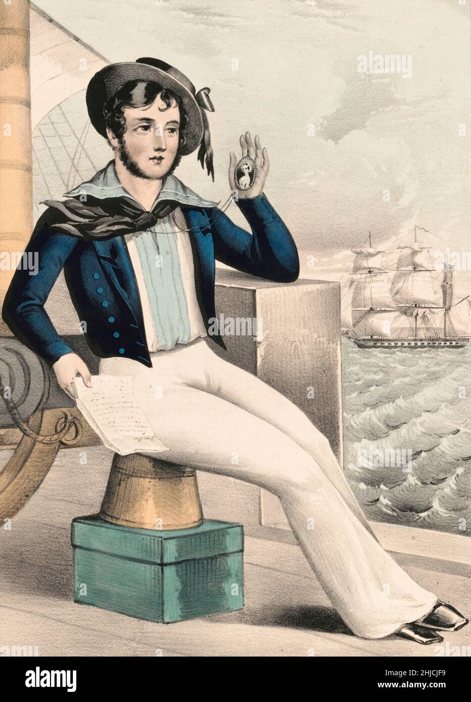 „der Seefahrer, der weit auf See ist.“ Ein amerikanischer Seemann in einem typischen Matrosenoutfit aus der Mitte des 19th. Jahrhunderts, mit einem Medaillon und einem Brief und einem Schiff im Hintergrund. Lithographie von Nathaniel Currier, 1845. Stockfoto