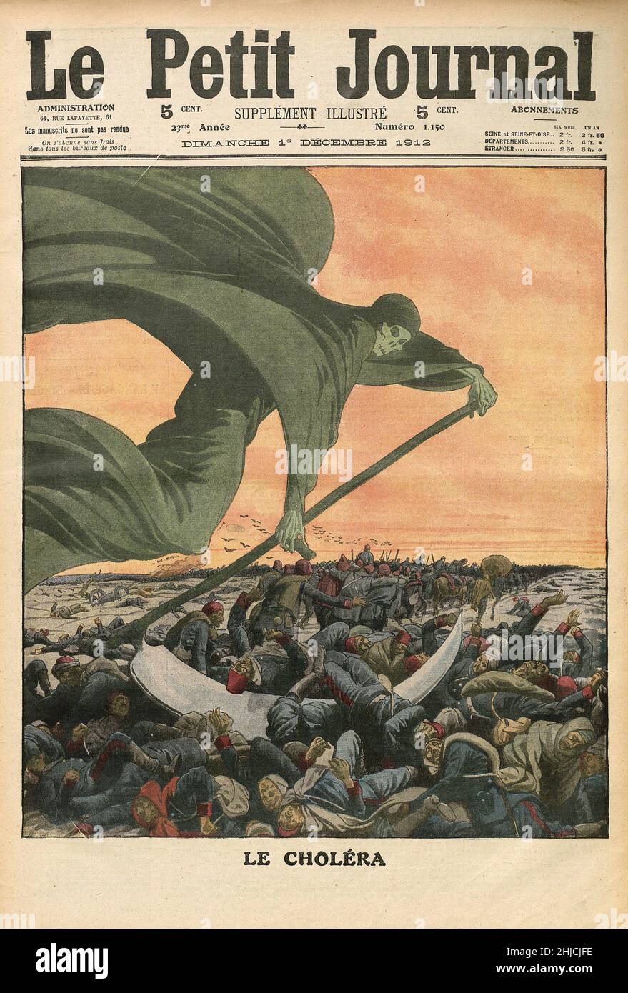 Todeszeichnung, die den Soldaten während des Ersten Balkankrieges (1912-13) Cholera brachte. Titelbild des Le Petit Journal, 1912. Cholera ist eine Infektion des Dünndarms durch einige Stämme des Bakteriums Vibrio cholerae. Es wird hauptsächlich durch Wasser und Lebensmittel verbreitet, die mit menschlichem Kot, der Vibrio cholerae enthält, kontaminiert sind. Ursprünglich dachte John Snow, die Ursache sei durch „Foul Air“ verursacht worden, die wahre Ursache wurde zwischen 1849 und 1854 von John Snow identifiziert. Stockfoto