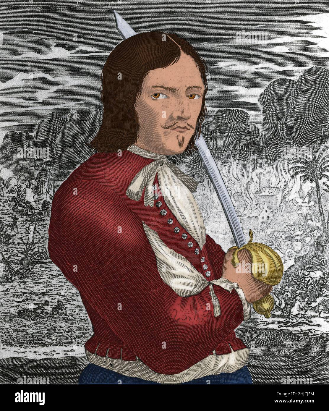 Francois L'Ollonais (1635 - 1668) war ein französischer Pirat. Er war ein erfahrener Folterer, und seine Techniken umfassten das Schneiden von Fleischteilen mit einem Schwert, das Verbrennen und das Wolding, bei dem er verknotete Seile um den Kopf des Opfers Band, bis ihre Augen herausgezwungen wurden. Er und seine Männer vergewaltigten, plünderten und verbrannten viel von Maracaibo, bevor er nach Süden nach Gibraltar zog. Trotz ihrer Überzahl schlachteten die Piraten 500 Soldaten der Garnison von Gibraltar und hielten die Stadt für Lösegeld. Er lief auf einer Sandbank an der Küste von Darien auf Grund. Sie gingen ins Landesinnere, um Nahrung zu finden, aber waren Ca Stockfoto