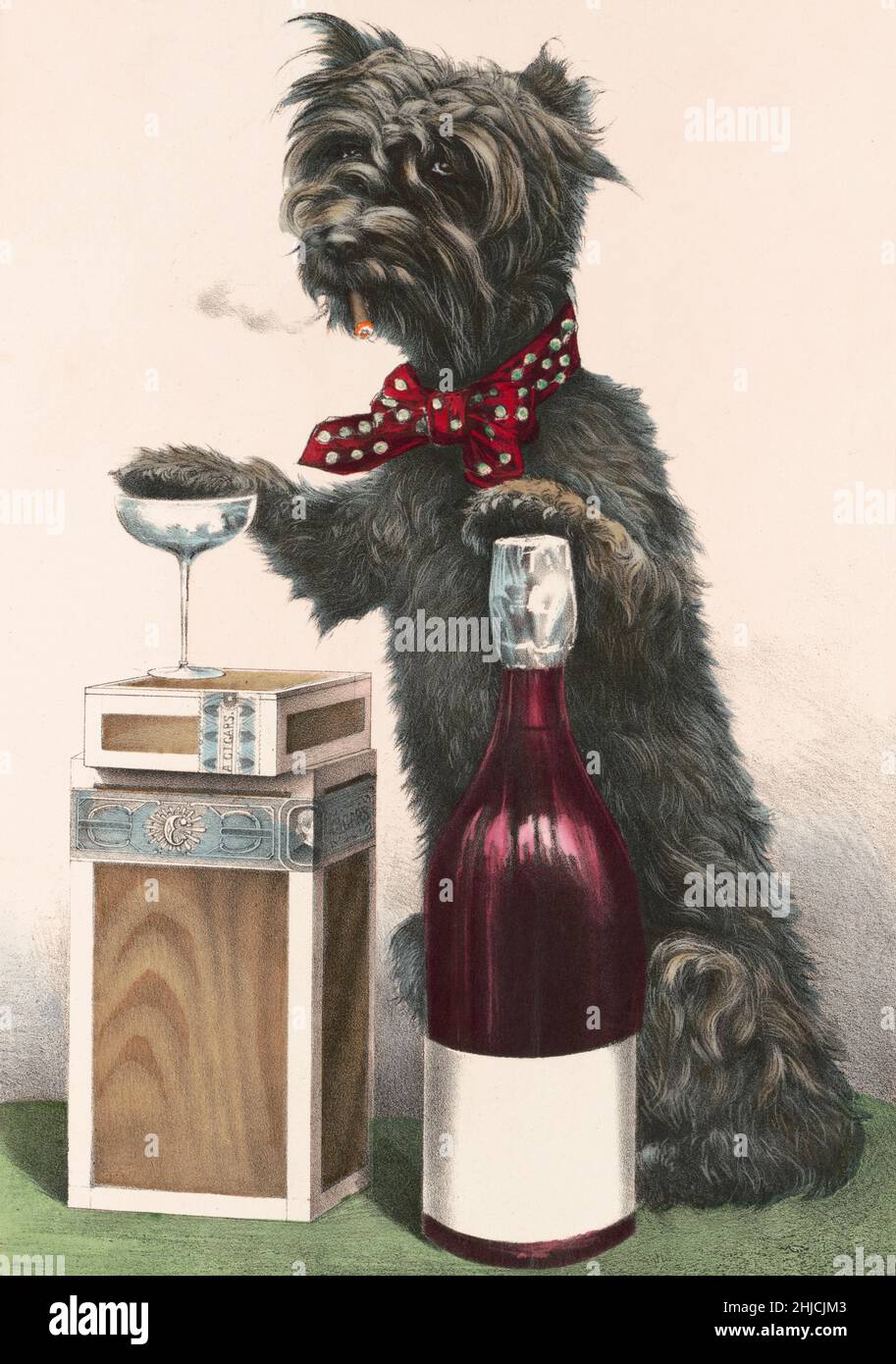 Ein fröhlicher Hund mit Zigarren und Alkohol. Handkolorierte Lithographie, Currier & Ives, 1878. Stockfoto