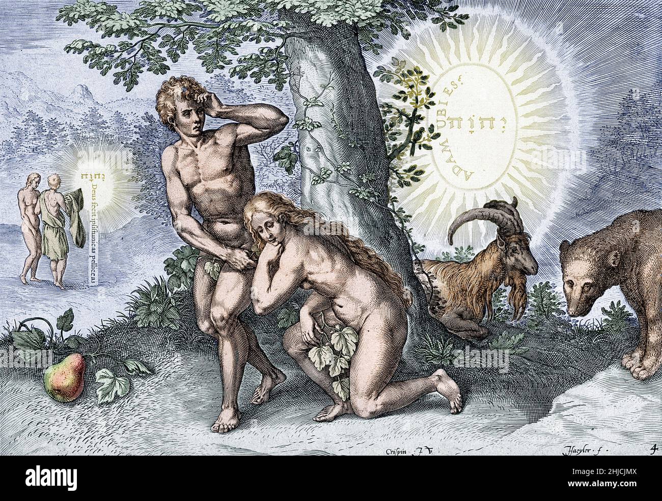 Die kolorierte Abbildung zeigt Adam und Eva, die ihre Blöße im Garten Eden verbergen, nachdem sie die verbotenen Früchte gegessen haben. In der Ferne, links, empfangen sie Kleider von Gott. Das Tetragrammaton, 'Jahwe', erscheint in hebräischer Sprache in der Mitte der beiden Kreise im Hintergrund. Auf der linken Seite steht eine lateinische Inschrift mit der Aufschrift „Gott machte sie aus Haut“; auf der rechten Seite steht auf dem Lateinischen „Adam, Wo sind Sie?“. Kolorierung eines Liniengravur von J. Haeyler nach C. van den Broeck, um 1570. Stockfoto