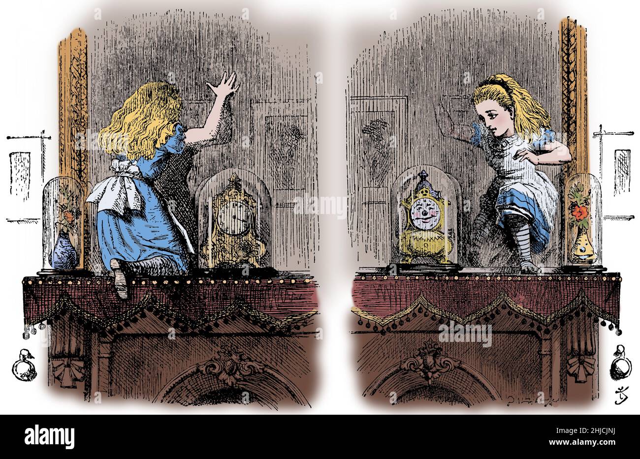 Through the Looking-Glass, and What Alice Found There (1871) ist ein Roman von Lewis Carroll. Auf den Kaminsims kletternd, blickt sie auf den wandhängenden Spiegel hinter dem Kamin und entdeckt zu ihrer Überraschung, dass sie durch ihn in eine alternative Welt treten kann. John Tenniel (28. Februar 1820 - 25. Februar 1914) war ein englischer Illustrator, Graphikhumorist und politischer Karikaturist. Stockfoto