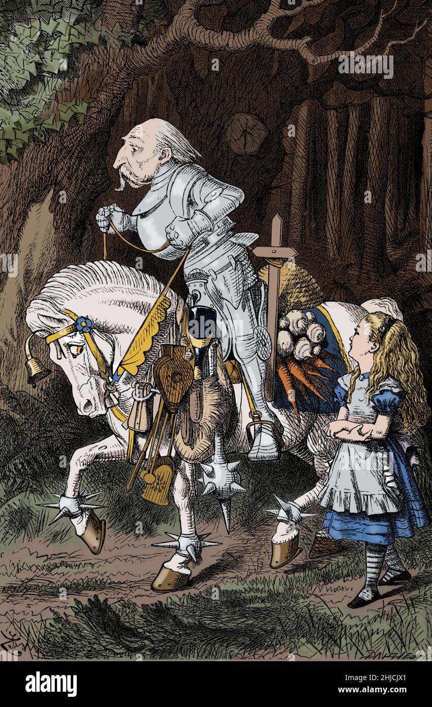 Through the Looking-Glass, and What Alice Found There (1871) ist ein Roman von Lewis Carroll. Der Weiße Ritter repräsentiert das Schachstück mit dem gleichen Namen. Der Weiße Ritter rettet Alice vor seinem Gegner, dem Roten Ritter. Er fällt immer wieder von seinem Pferd und landet auf seinem Kopf und erzählt Alice von seinen Erfindungen. John Tenniel (28. Februar 1820 - 25. Februar 1914) war ein englischer Illustrator, Grafikhumorist und politischer Karikaturist. Stockfoto