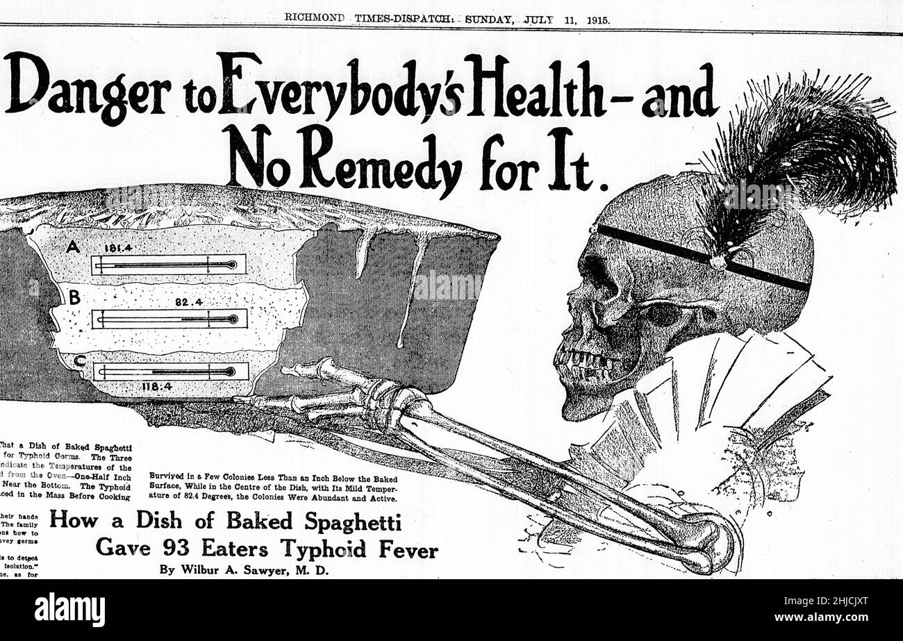 Artikel aus der Richmond Times-Dispatch, 11. Juli 1915, über eine Frau, bekannt als Mrs. X, die ein Gericht aus Spaghetti für ein kirchliches Abendessen in Hanford, Kalifornien, gebacken hat. Sie war eine asymptomatische Trägerin von Typhus und die Schale infizierte 93 Menschen, von denen drei starben. Vor Frau X war 'Typhus Mary' oder Mary Mallon der erste bekannte asymptomatische Träger von Typhus in den USA. Stockfoto