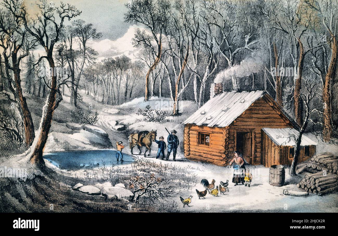 „A Home in the Wilderness“, zeigt eine amerikanische Pionierhütte an der westlichen Grenze. Handkolorierte Lithographie, herausgegeben von Currier & Ives, 1870. Stockfoto