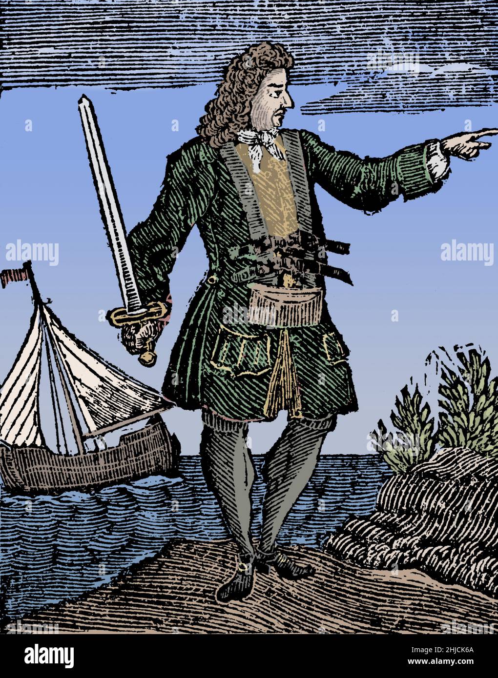 Charles Vane (1680 - 29. März 1721) war ein englischer Pirat, der von der berüchtigten Basis in New Providence auf den Bahamas aus operierte. Seine Fähigkeiten im Navigieren und im Schiffskampf waren unübertrefflich, und er plündert erfolgreich zahlreiche Schiffe. Während seiner Arbeit zwischen Kuba und Hispaniola beschuldigte ihn seine Mannschaft der Feigheit und er wurde mit einem kleinen Schleier und einigen loyalen Piraten zurückgelassen. Er eroberte mehrere Schiffe und baute seine Piratenflotte wieder auf, aber ein Hurrikan zerstörte die meisten von ihnen und fast seine gesamte Besatzung ertrank. Schließlich wurde er gefangen genommen, eingesperrt, vor Gericht gestellt, für schuldig befunden und gehängt. Eingefärbt. Stockfoto