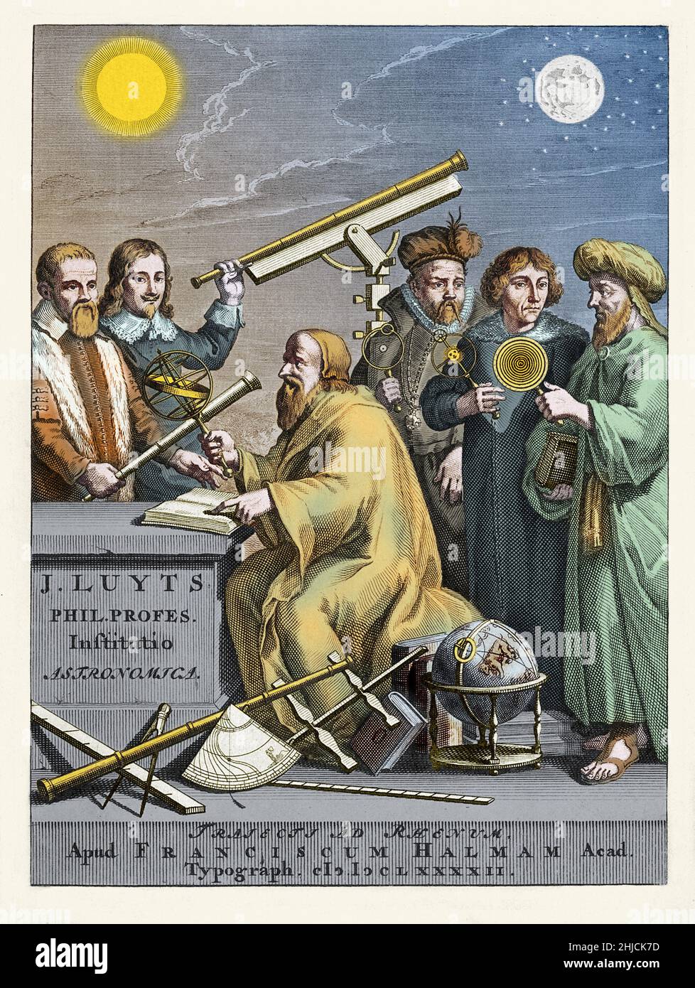 Berühmte Astronomen der Geschichte, eine Farbgebung eines Frontispiz-Stichs von Jan Luyts‚Äô Astronomica Institutio, 1692. Die Figur in der Mitte kann der antike griechische Astronom Hipparchus oder eine Figur von Luyts selbst sein. Im Hintergrund von links nach rechts: Galileo Galilei (1564-1642), Johannes Hevelius (1611-1687), Tycho Brahe (1546-1601), Nicolaus Copernicus (1473-1543) und Ptolemäus (100-c.‚Äâ170). Frontispiz-Stich von J. Mulder nach G. Hoet, von Jan Luyts‚Äôs Astronomica Institutio, 1692. Stockfoto