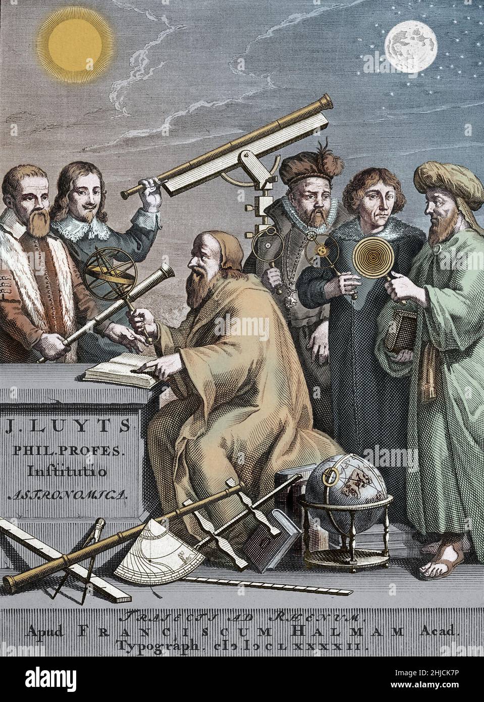 Berühmte Astronomen der Geschichte, eine Farbgebung eines Frontispiz-Stichs von Jan Luyts‚Äôs Astronomica Institutio, 1692. Die Figur in der Mitte kann der antike griechische Astronom Hipparchus oder eine Figur von Luyts selbst sein. Im Hintergrund von links nach rechts: Galileo Galilei (1564-1642), Johannes Hevelius (1611-1687), Tycho Brahe (1546-1601), Nicolaus Copernicus (1473-1543) und Ptolemäus (100-c.‚Äâ170). Frontispiz-Stich von J. Mulder nach G. Hoet, von Jan Luyts‚Äôs Astronomica Institutio, 1692. Stockfoto