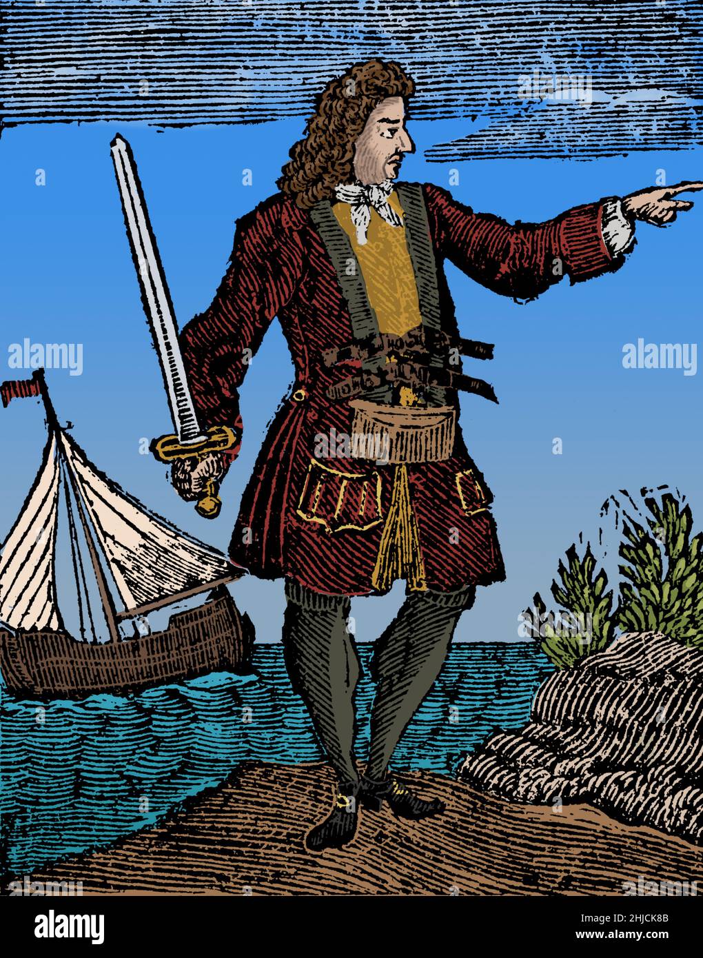 Charles Vane (1680 - 29. März 1721) war ein englischer Pirat, der von der berüchtigten Basis in New Providence auf den Bahamas aus operierte. Seine Fähigkeiten im Navigieren und im Schiffskampf waren unübertrefflich, und er plündert erfolgreich zahlreiche Schiffe. Während seiner Arbeit zwischen Kuba und Hispaniola beschuldigte ihn seine Mannschaft der Feigheit und er wurde mit einem kleinen Schleier und einigen loyalen Piraten zurückgelassen. Er eroberte mehrere Schiffe und baute seine Piratenflotte wieder auf, aber ein Hurrikan zerstörte die meisten von ihnen und fast seine gesamte Besatzung ertrank. Schließlich wurde er gefangen genommen, eingesperrt, vor Gericht gestellt, für schuldig befunden und gehängt. Eingefärbt. Stockfoto