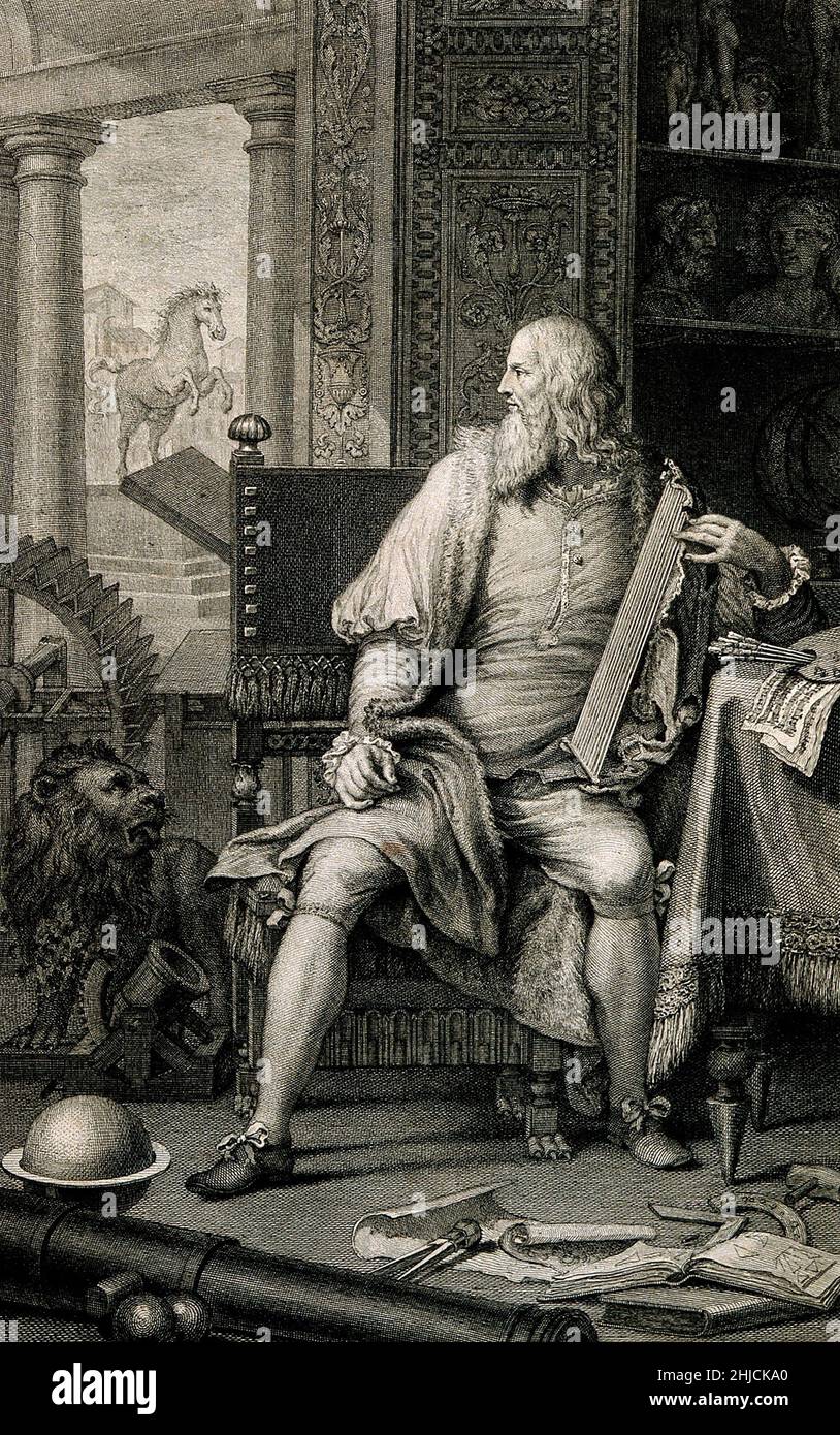Leonardo di ser Piero da Vinci (15. April 1452 - 2. Mai 1519) war ein italienischer Universalgelehrter der Renaissance: Maler, Bildhauer, Architekt, Musiker, Mathematiker, Ingenieur, Erfinder, Anatom, Geologe, Kartograph, Botaniker und Schriftsteller. Sein Genie verkörpert das humanistische Ideal der Renaissance. Linienstich von D. Cunego, 1782. Stockfoto