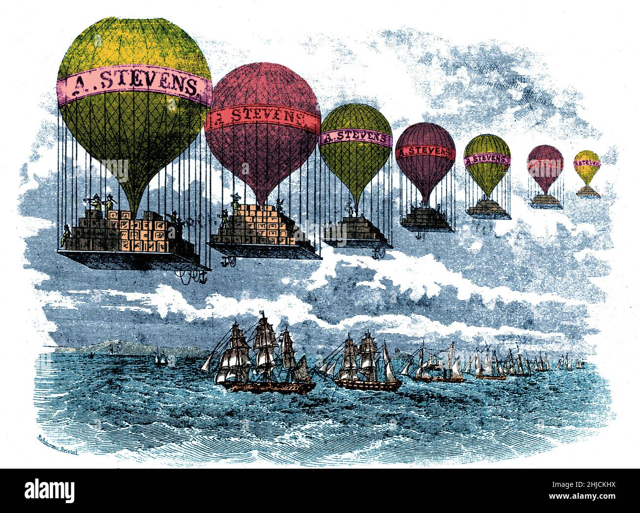 Eine Holzgravur aus dem 19th. Jahrhundert einer Reihe von Heißluftballons, die mit Kartons beladen sind und für „A.. Stevens und unterwegs über eine Reihe von Segelschiffen. Farbverstärkter. Stockfoto