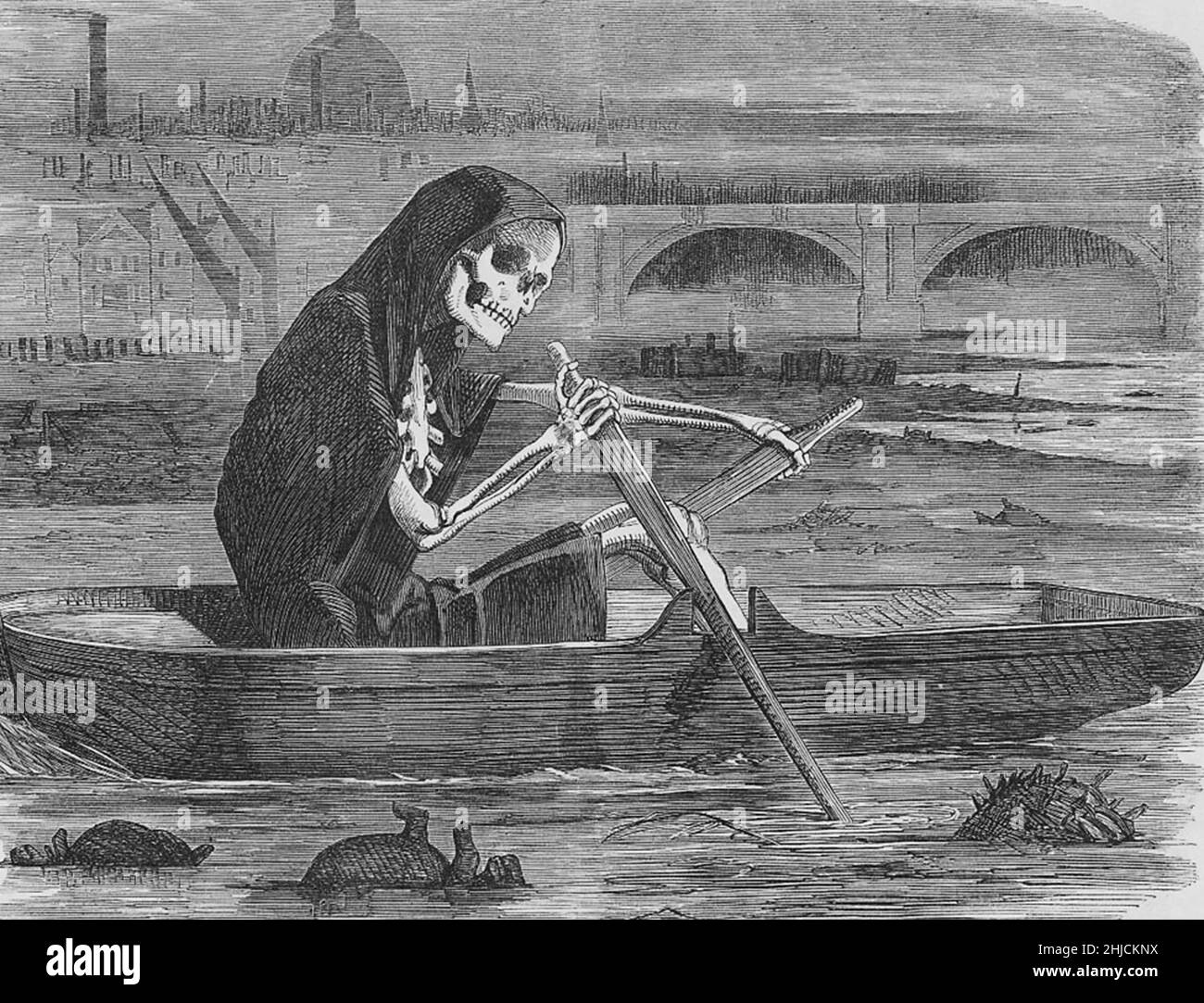 „The Silent Highwayman“ aus Punch, 10. Juli 1858. Der große Gestank war ein Ereignis im Juli und August 1858 in Zentral-London, bei dem das heiße Wetter den Geruch von unbehandeltem menschlichem Abfall und Industrieabfluss, der an den Ufern der Themse vorhanden war, verstärkte. Das Miasma aus dem Abfluss sollte ansteckende Krankheiten übertragen, und drei Choleraausbrüche vor dem Großen Stink wurden auf die anhaltenden Probleme mit dem Fluss zurückgeführt. Die zugeschnittene Version finden Sie unter SS2612645. Stockfoto