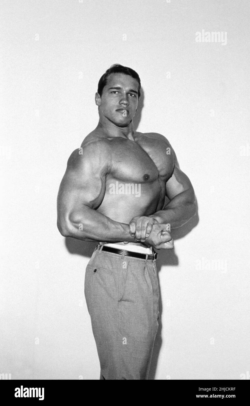 Arnold Schwarzenegger (geboren 1947) als Bodybuilder in den Jahren 1960s und 1970s. Er war ein Pionier in der Branche, gewann viele Auszeichnungen und half, seine Popularität bei der breiten Öffentlichkeit zu fördern. Danach wurde er Schauspieler in Action-Filmen und Gouverneur von Kalifornien. Stockfoto