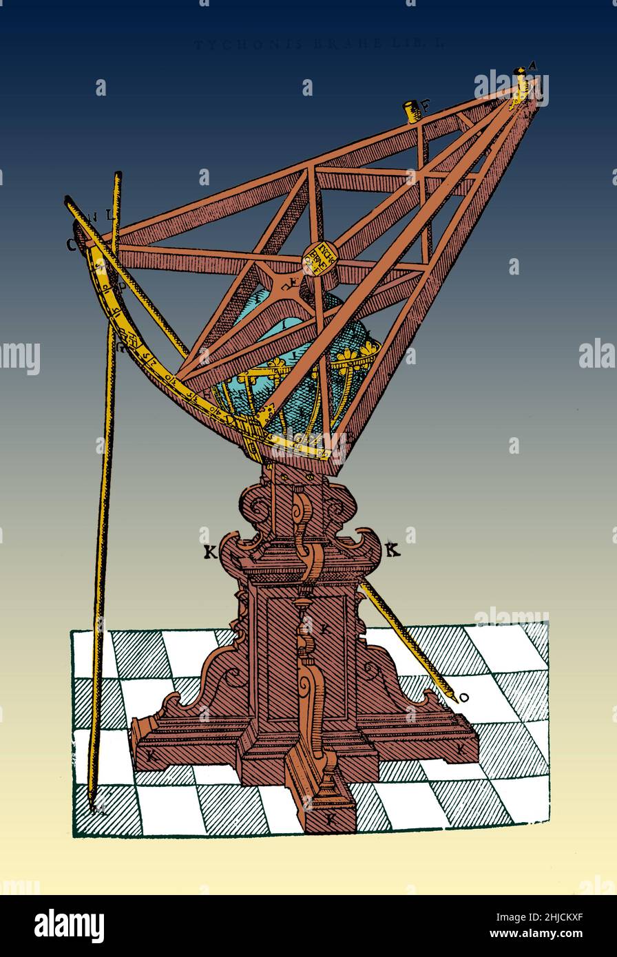 Brahe dreieckige Sextant, etwa 1,6 Meter Radius, wurde im Jahr 1582 gebaut. Wie Tycho des sextanten an Größe zunahm, wurden feste Instrumente, obwohl Tycho's geniale Welt viel für die Vielseitigkeit der Verwendung kleinerer, herkömmliche tragbare Sextanten beibehalten. Tychonis Brahe Astronomiae instauratae progymnasmata: quorum Ahce prima pars De Restitutione motuum Solis et lunae stellarumque inerrantium tractat, et praeterea' de admiranda^ nova Stella anno 1572 exorta^ luculenter Agit, 1602. Der erste Band einer geplanten Arbeit über aktuelle astronomische Phänomene. Der 2. Band hatte gedruckt worden und Priv Stockfoto