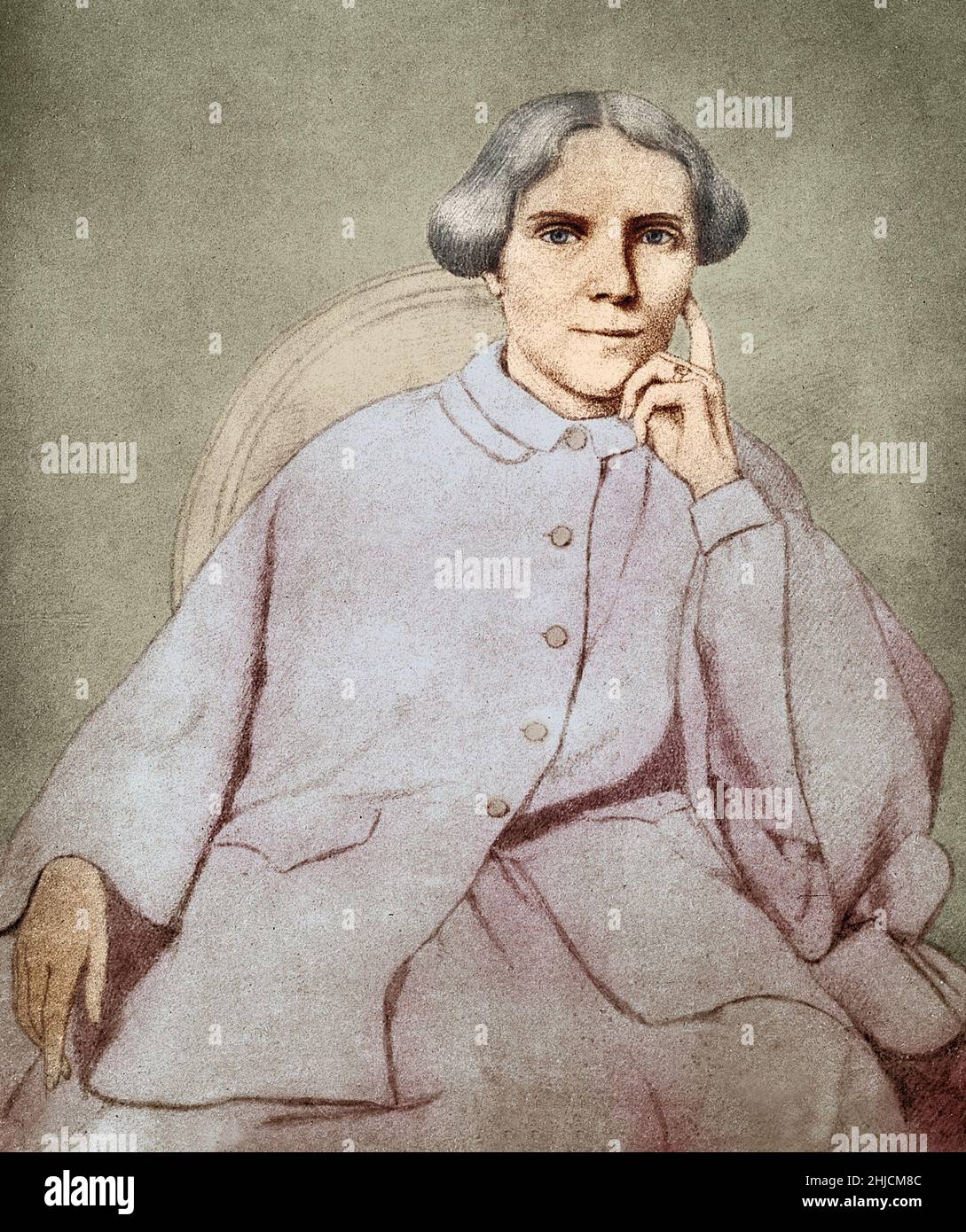 Kolorierte Illustration der britischen Ärztin Elizabeth Blackwell (3. Februar 1821 - 31. Mai 1910), besonders bemerkenswert, weil sie die erste Frau war, die einen medizinischen Abschluss in den Vereinigten Staaten erwarb. Nach einem Druck nach einer Skizze der Gräfin de Charnaccie, 1859. Stockfoto