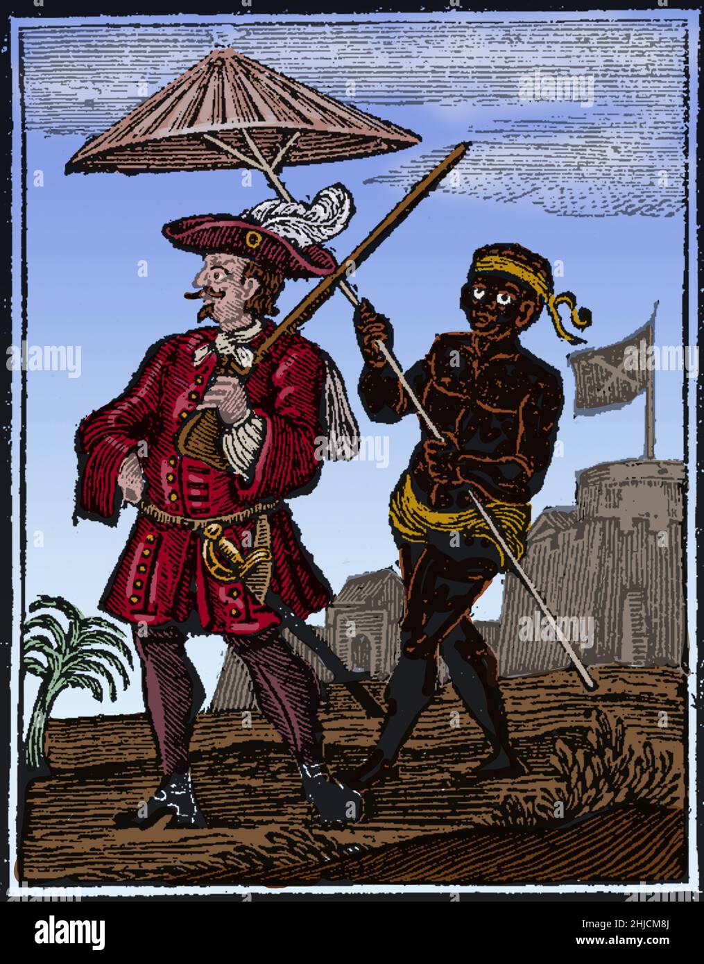 Henry Every (23. August 1659 - nach 1696) war ein englischer Pirat, der im Atlantik und im Indischen Ozean operierte. Berühmte Piraten-Kapitäne Thomas Tew, William Want, Thomas Wake und William May segelten unter seiner Führung. Der größte Fang seiner Karriere war die Gang-i-Sawai, Teil des Grand Moghul's of India Convoy of Ships. Sie plündeten etwa 600,000 Pfund Gold, Silber und Juwelen. Jeder löste seine Flotte auf, segelte in die Karibik, wo er seinen Namen in Benjamin Bridgeman änderte. Er segelte mit Überresten seiner Crew nach Irland. Einige von ihnen wurden gefangen genommen und gehängt, aber er entkam und va Stockfoto